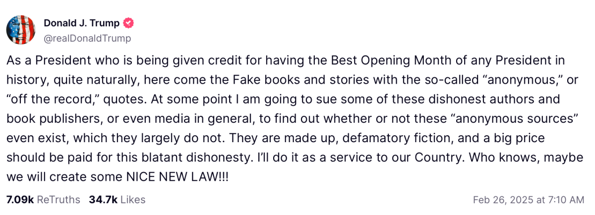 Donald Trump Truth Social post on suing journalists